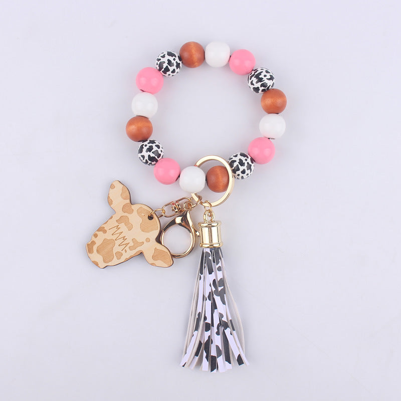 Wholesale Cartoon Western Cow Head Brand Silicone Beaded Wrist Keychain